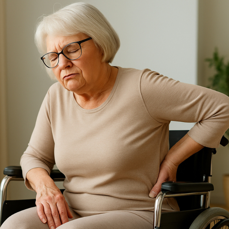 Elderly woman in wheelchair with lower back pain
