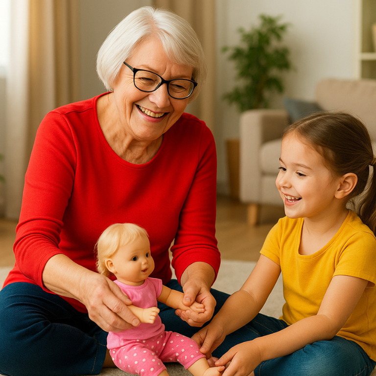 Grandmother playing with granddaughter on the rug